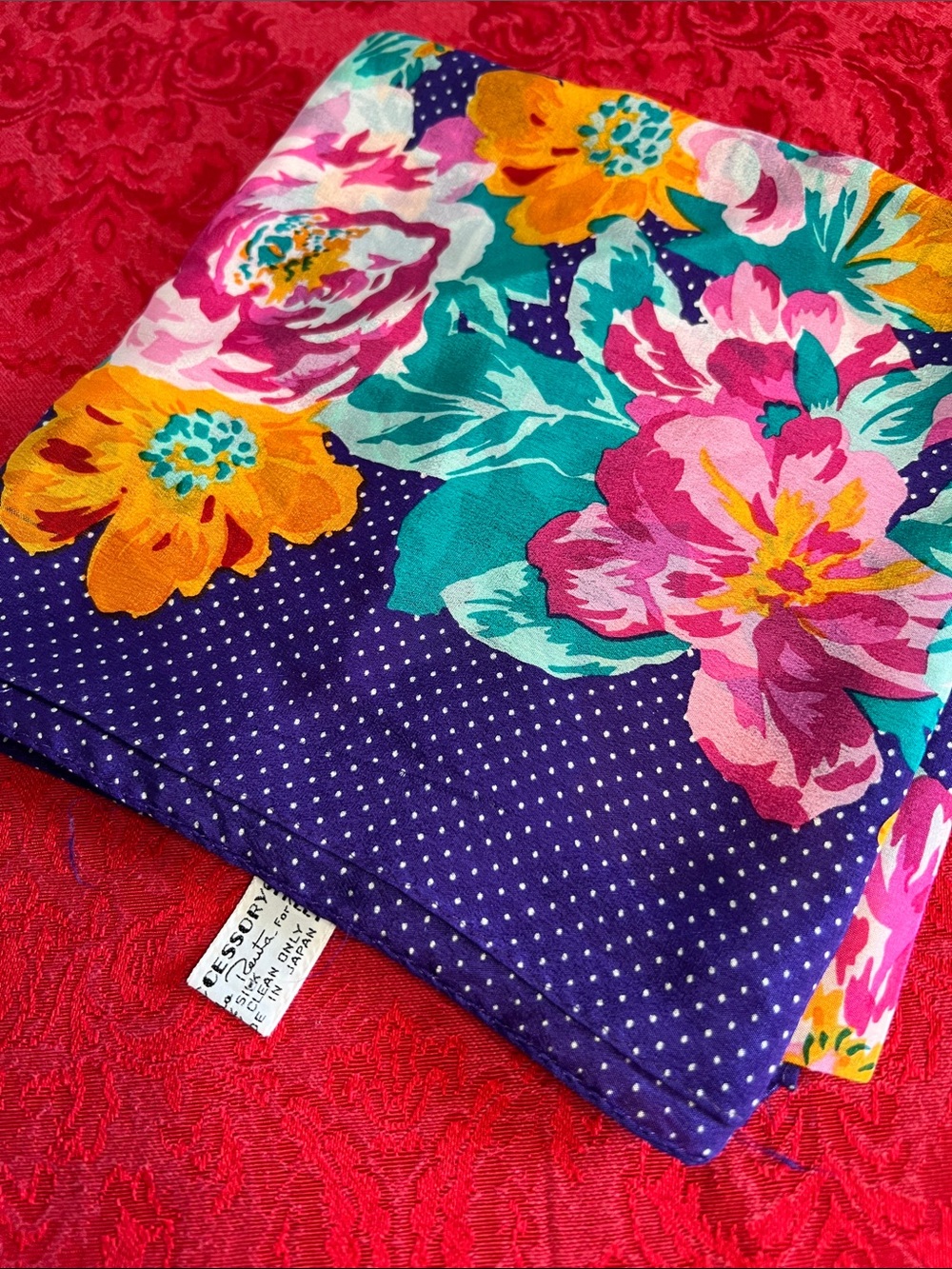 Oscar de la Renta Vintage Silk Scarf Floral Purple Pink Teal Made in Japan 30x30